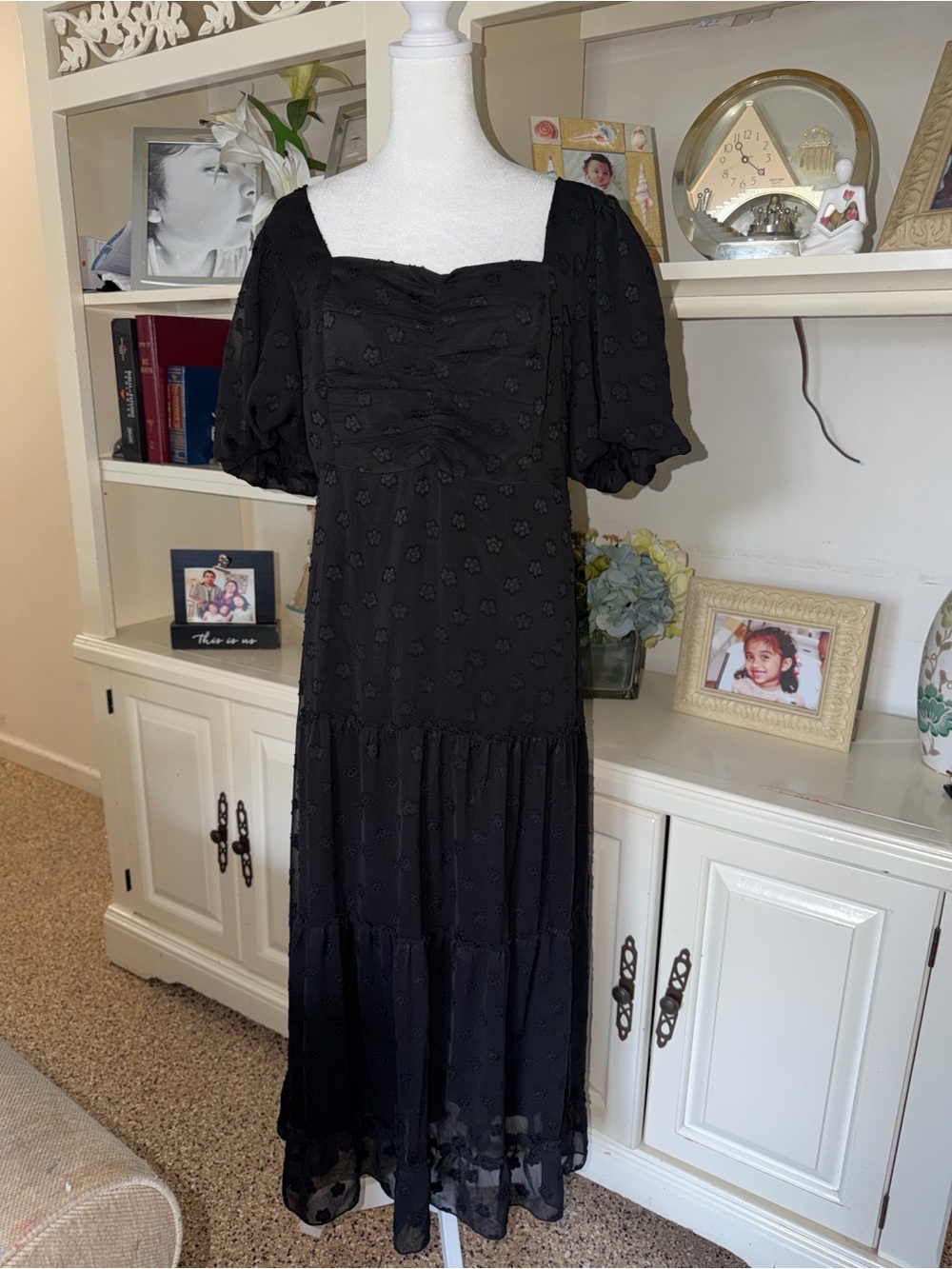 Fashion Nova Black Puff-Sleeve Square-Neck Maxi Ty Dress